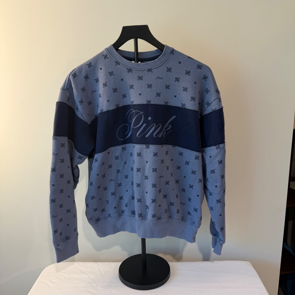 Victoria's Secret PINK Blue Paisley Colorblock Script Logo Crewneck Sweatshirt S